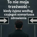 Mężczyzna stoi przed rozwidleniem dróg, między dwiema strzałkami w przeciwnych kierunkach – symbol wyboru własnej drogi trzeźwienia.