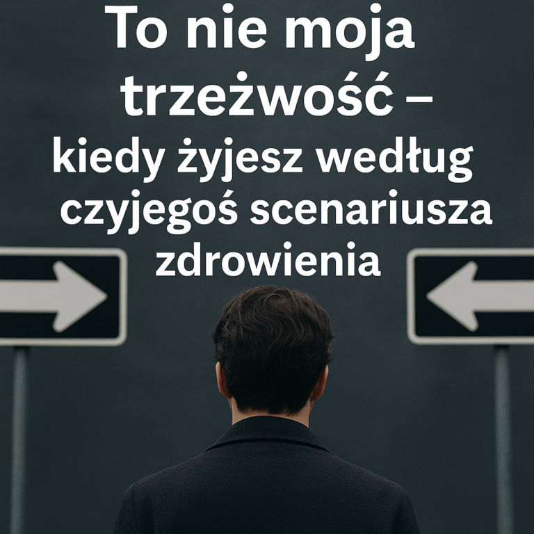 Mężczyzna stoi przed rozwidleniem dróg, między dwiema strzałkami w przeciwnych kierunkach – symbol wyboru własnej drogi trzeźwienia.