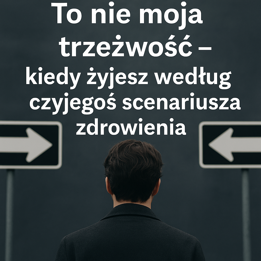 Mężczyzna stoi przed rozwidleniem dróg, między dwiema strzałkami w przeciwnych kierunkach – symbol wyboru własnej drogi trzeźwienia.