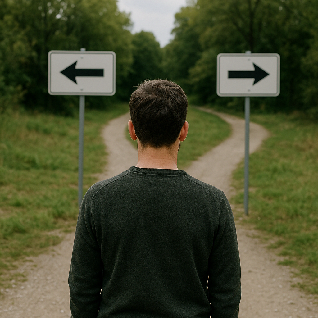 Mężczyzna stojący tyłem na rozwidleniu leśnej ścieżki, przed znakami wskazującymi przeciwne kierunki – symbol wyboru własnej drogi w procesie zdrowienia.