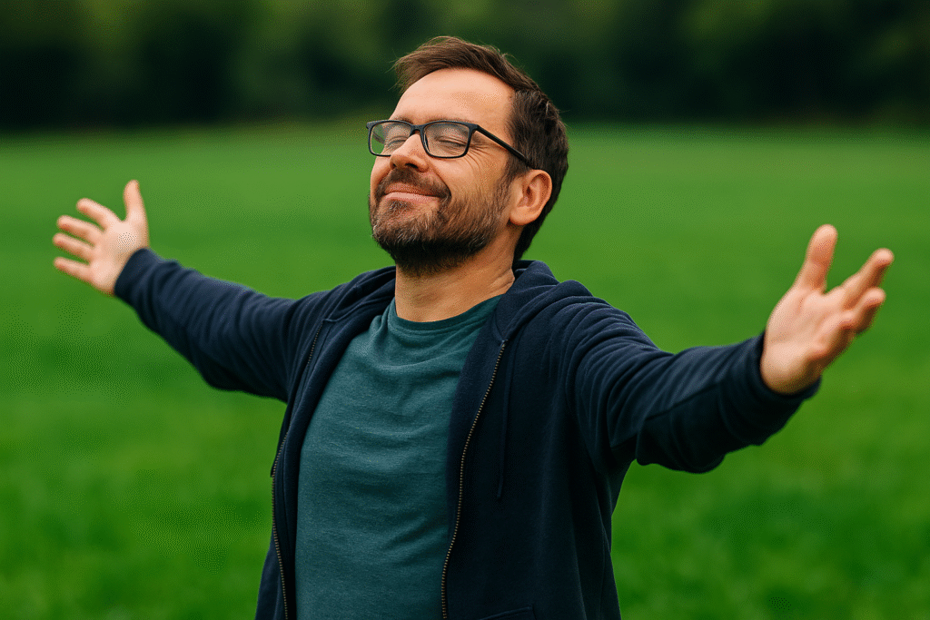 Grupa osób siedzących razem w parku na trawie, uśmiechniętych i spokojnych – symbol radości w trzeźwości.