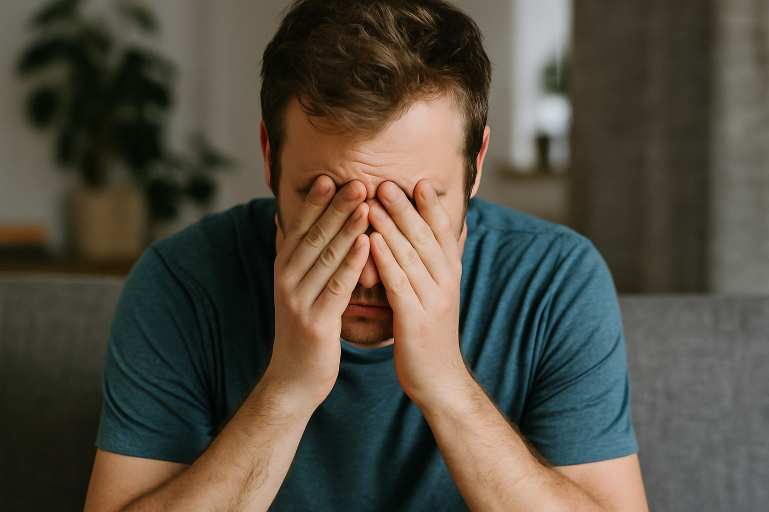 Zmęczony mężczyzna siedzi w cieniu na drewnianej ławce w lesie, ubrany w roboczy kombinezon – obrazujący temat uzależnienie a wypoczynek.