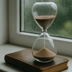 Przezroczysta klepsydra stojąca na starym skórzanym tomie przy zaparowanym oknie — symbol powolnego uspokajania emocji i procesu zdrowienia w trzeźwości.