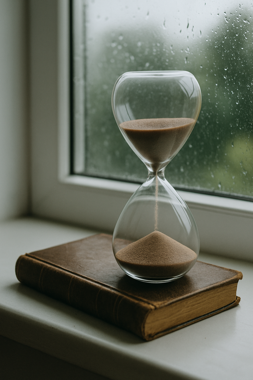 Przezroczysta klepsydra stojąca na starym skórzanym tomie przy zaparowanym oknie — symbol powolnego uspokajania emocji i procesu zdrowienia w trzeźwości.