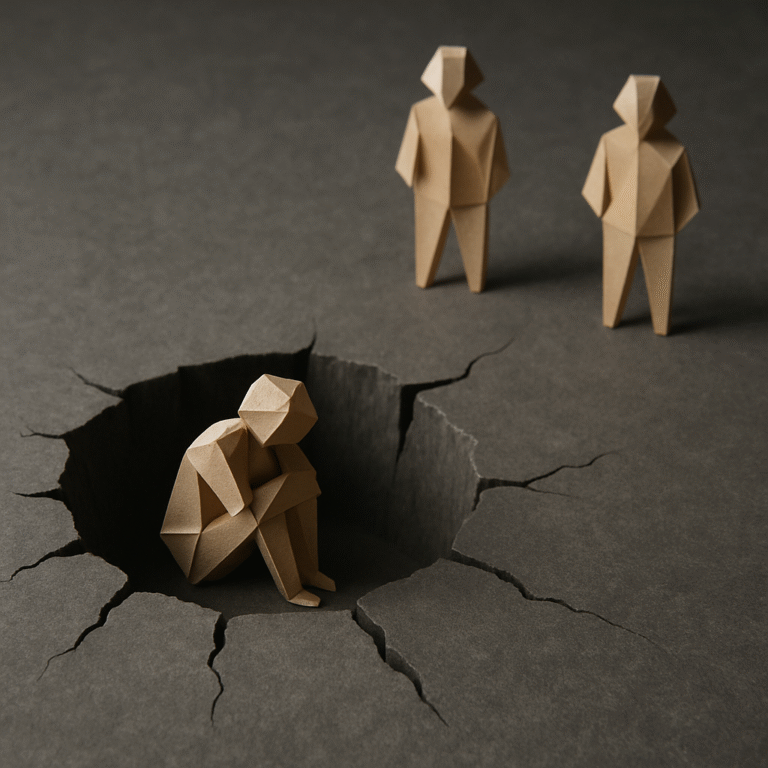 Samotna ławka i jesienne drzewo we mgle — symbol poczucia niezrozumienia i wycofania w trzeźwieniu.