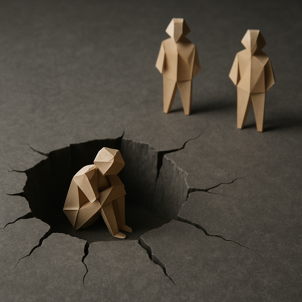 Samotna ławka i jesienne drzewo we mgle — symbol poczucia niezrozumienia i wycofania w trzeźwieniu.